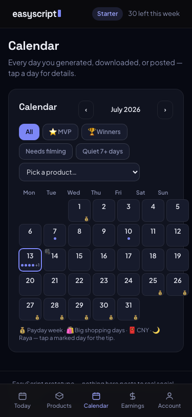 EasyScript Calendar screen with payday week and shopping-day markers