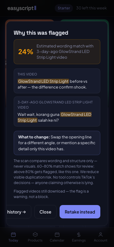 EasyScript flag-detail screen explaining why a video was flagged as too similar, with a suggested fix